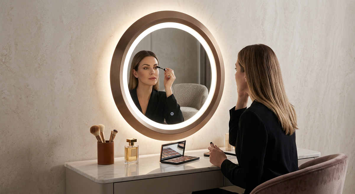 A 4000K Guocio Mirror Light installed over a vanity, providing crisp daylight illumination for makeup.