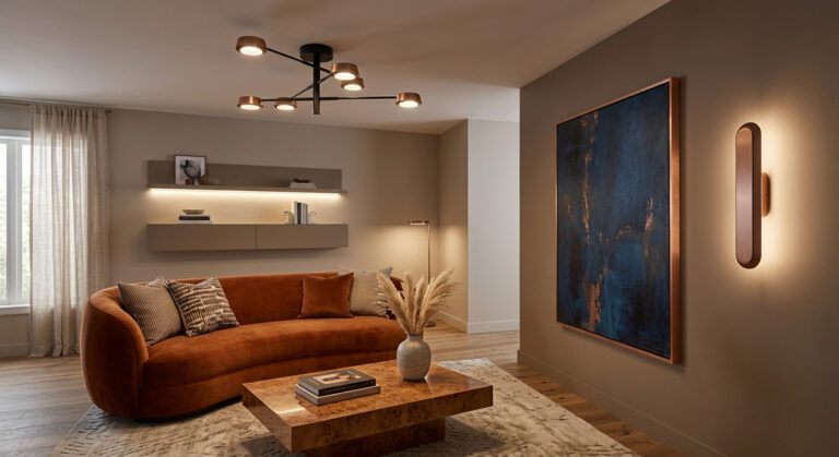 A beautifully designed living room showcasing lighting ideas for low ceilings using Guocio ceiling lamps and wall lamps.