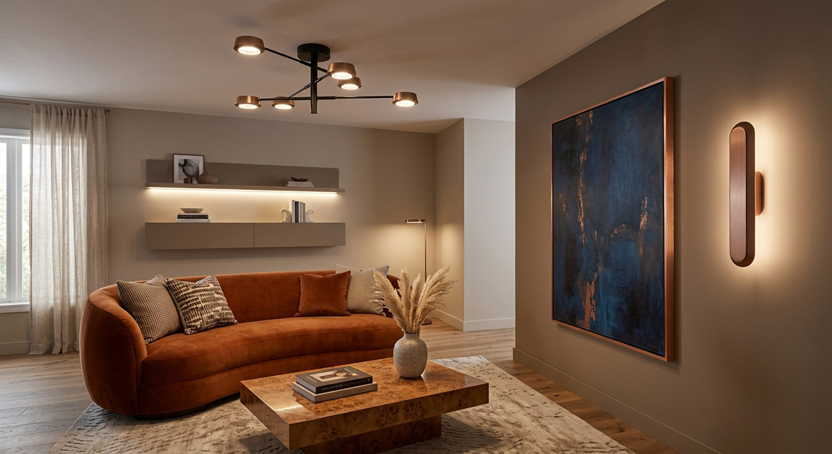 A beautifully designed living room showcasing lighting ideas for low ceilings using Guocio ceiling lamps and wall lamps.