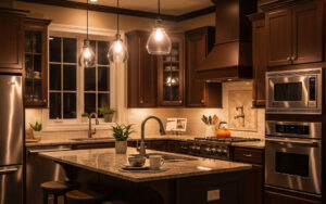 A beautifully illuminated kitchen showcasing the three layers of home lighting design