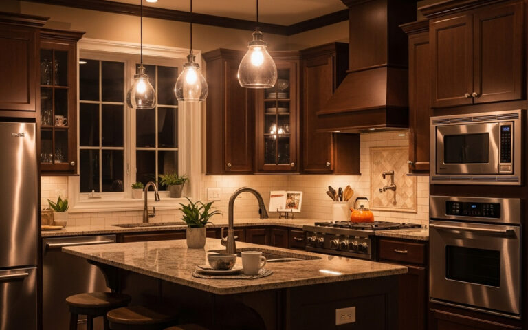A beautifully illuminated kitchen showcasing the three layers of home lighting design