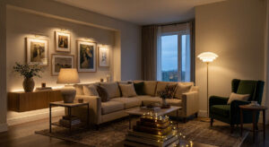 A beautifully illuminated living room showcasing living room lighting ideas with no overhead lighting, using a large Guocio floor lamp.