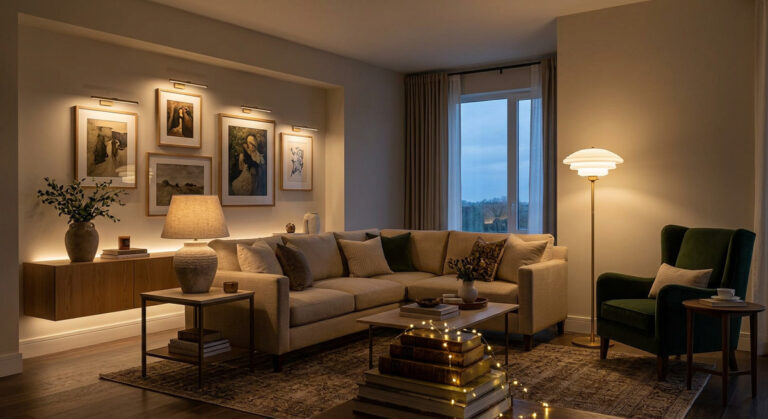 A beautifully illuminated living room showcasing living room lighting ideas with no overhead lighting, using a large Guocio floor lamp.