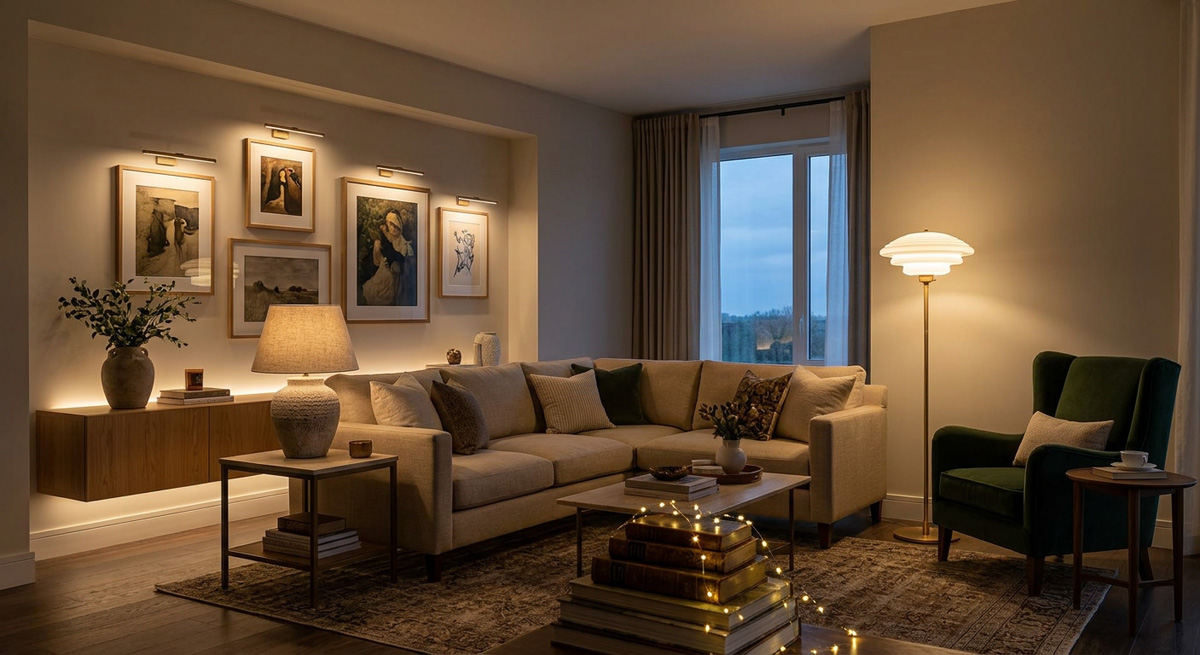 A beautifully illuminated living room showcasing living room lighting ideas with no overhead lighting, using a large Guocio floor lamp.