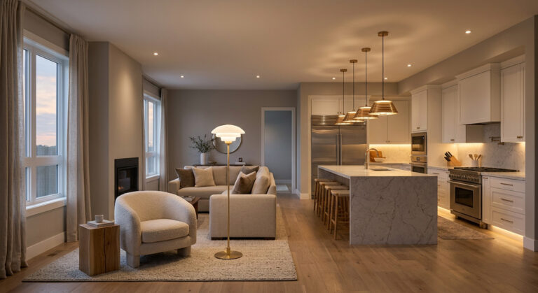 A beautifully illuminated open-concept living room and kitchen, showcasing cohesive home lighting design with pendant lamps and floor lamps.