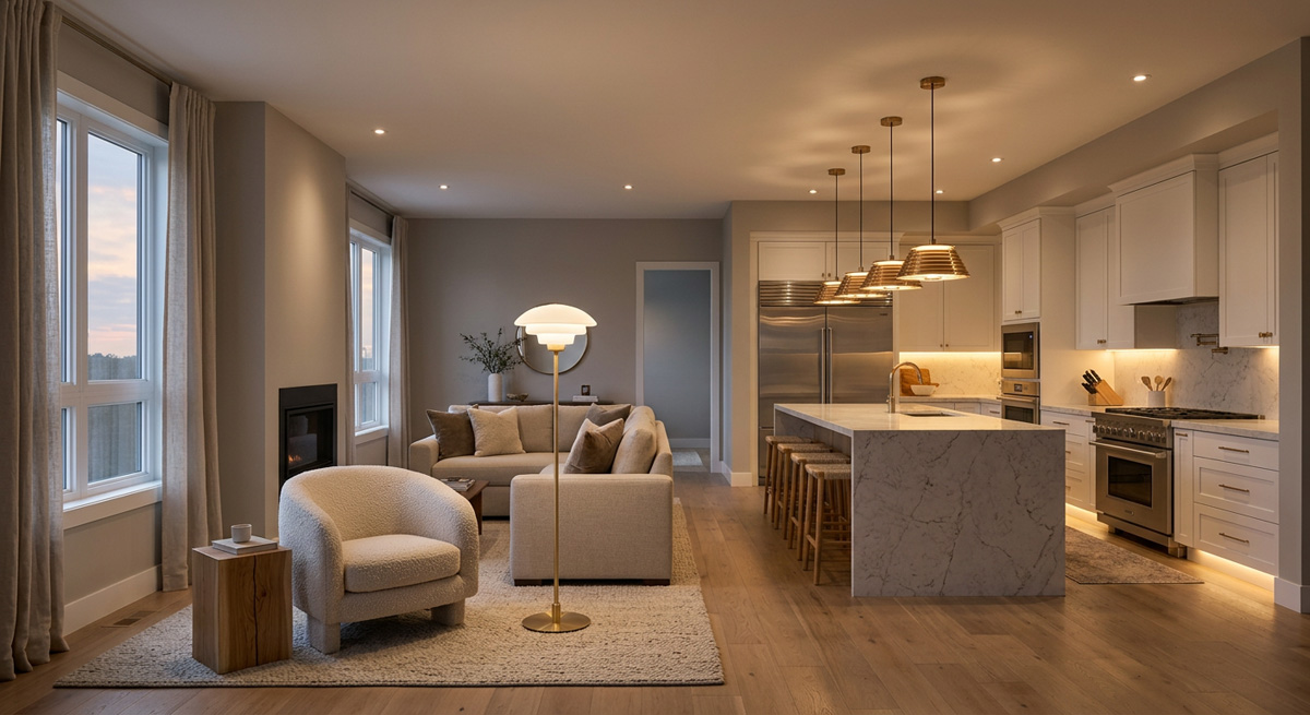 A beautifully illuminated open-concept living room and kitchen, showcasing cohesive home lighting design with pendant lamps and floor lamps.