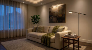 A beautifully styled living room demonstrating living room lighting design with a perfectly placed Guocio floor lamp next to a sofa