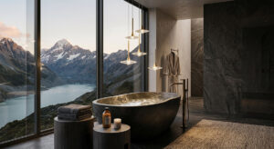A breathtaking freestanding bathtub with a glamorous Guocio pendant lamp showcasing luxury bathroom lighting design.