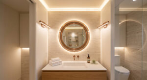 A bright, small windowless bathroom visually expanded using a Guocio Art Mirror and expert bathroom lighting design.