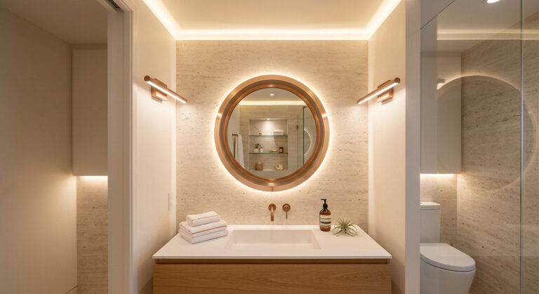 A bright, small windowless bathroom visually expanded using a Guocio Art Mirror and expert bathroom lighting design.