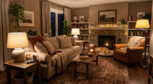 A cozy living room illuminated by warm Guocio table lamps and floor lamps, creating a relaxing atmosphere.