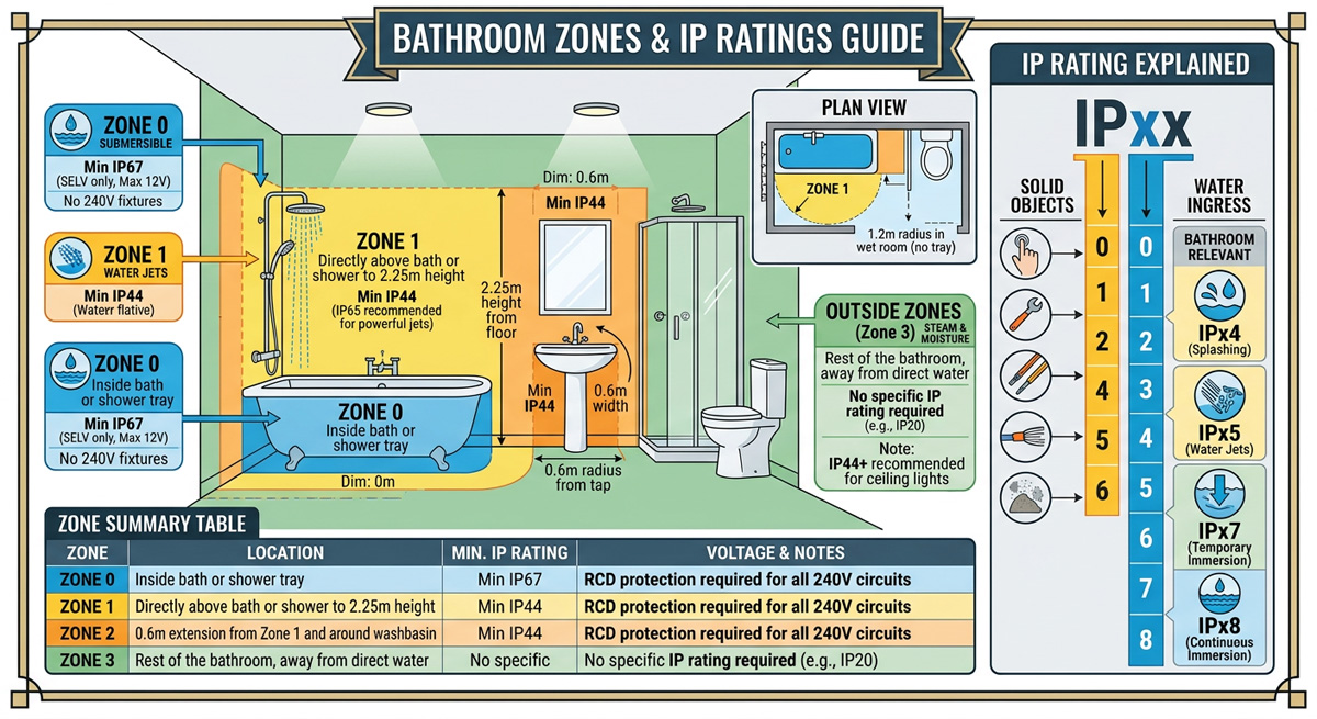 A diagram illustrating bathroom zones 0, 1, 2, and 3 to explain required IP ratings for bathroom lights.