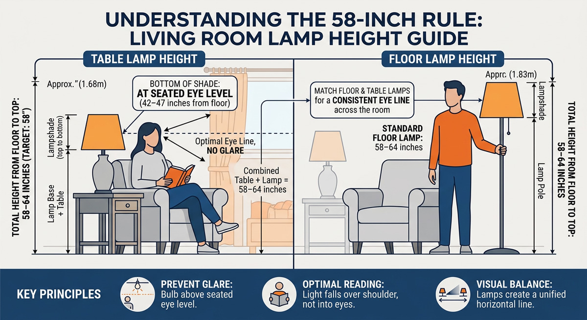 A diagram illustrating the 58-inch rule for measuring table lamp height and floor lamp height in a living room.