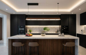 A kitchen island featuring perfectly sized Guocio pendant lamps, demonstrating exceptional kitchen lighting design.