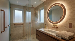 A luxurious and safe bathroom showcasing a waterproof Guocio Art Mirror demonstrating proper IP rating in bathroom lighting design.