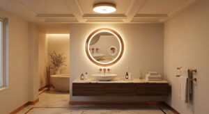 A luxurious bathroom showcasing optimal color temperature with a Guocio mirror light and ceiling lamp.
