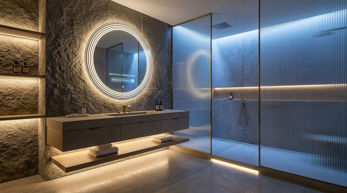 A luxurious, future-ready bathroom showcasing 2026 lighting trends with a Guocio Art Mirror and hidden LED integrations.
