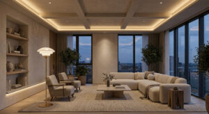 A luxurious living room showcasing 2026 lighting trends with a sculptural Guocio floor lamp and hidden ceiling lamps.
