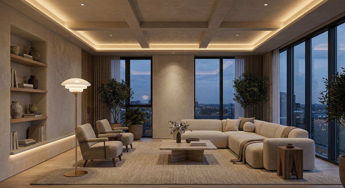 A luxurious living room showcasing 2026 lighting trends with a sculptural Guocio floor lamp and hidden ceiling lamps.