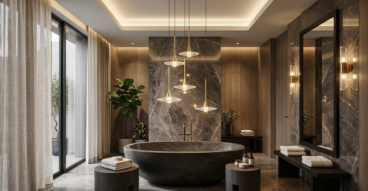 A luxurious spa-like bathroom showcasing expert bathroom lighting design with a beautiful pendant lamp over a freestanding tub.