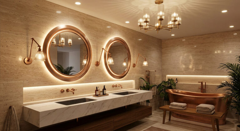 A luxurious spa-like bathroom showcasing expert bathroom lighting design with layered mirror lights and ceiling lamps.