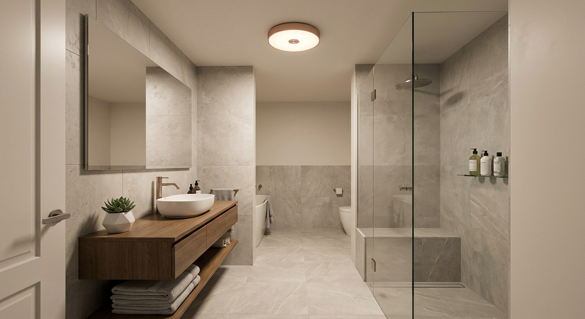 A modern bathroom featuring a moisture-rated Guocio Ceiling Lamp providing soft ambient light.