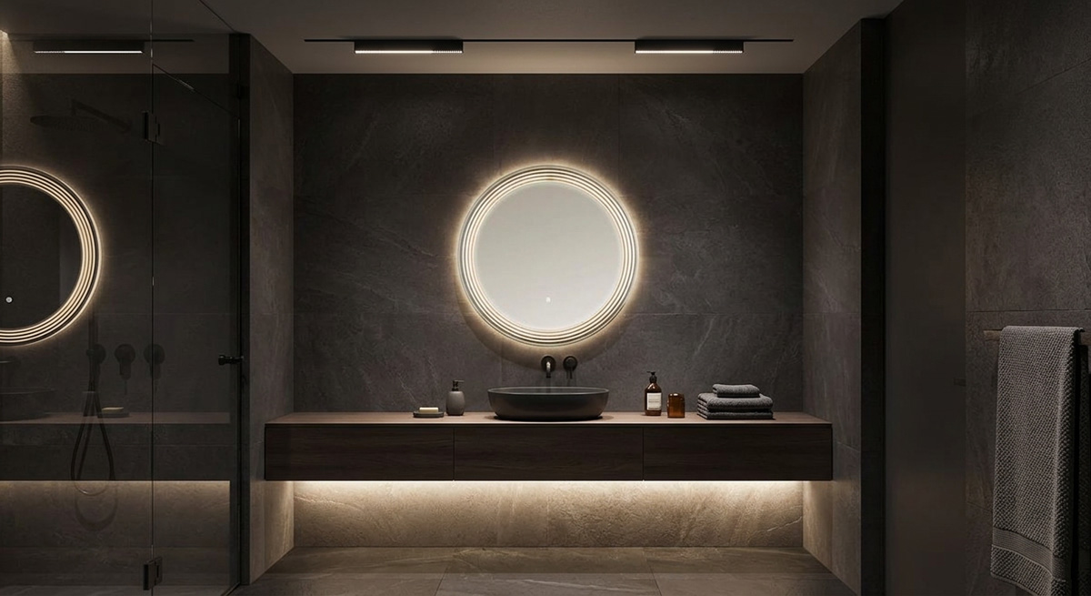A modern bathroom vanity featuring floating illumination with hidden LEDs and sleek Ceiling Lamps.