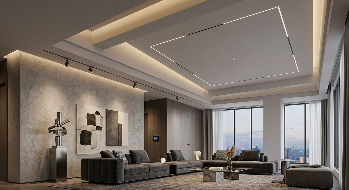 A modern living room demonstrating hidden architectural lighting using ultra-thin ceiling lamps and micro spot lights.
