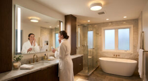 A perfectly balanced bathroom showcasing 4000K mirror lights and 3000K ambient ceiling lamps for optimal bathroom lighting design.