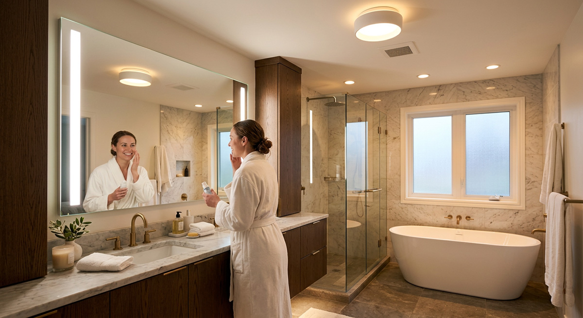 A perfectly balanced bathroom showcasing 4000K mirror lights and 3000K ambient ceiling lamps for optimal bathroom lighting design.