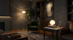 A perfectly dimmed living room showcasing luxurious living room lighting ideas with Guocio lamps.