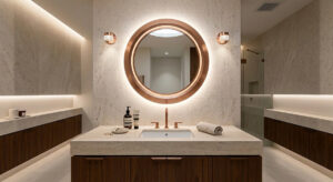 A perfectly illuminated bathroom vanity featuring a high CRI Guocio Mirror Light, showcasing flawless bathroom lighting design.