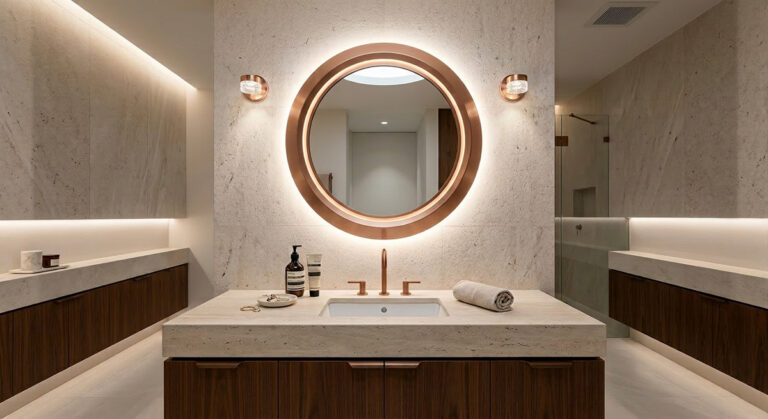 A perfectly illuminated bathroom vanity featuring a high CRI Guocio Mirror Light, showcasing flawless bathroom lighting design.