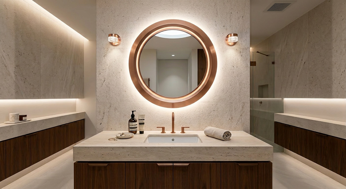 A perfectly illuminated bathroom vanity featuring a high CRI Guocio Mirror Light, showcasing flawless bathroom lighting design.