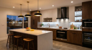 A perfectly illuminated modern kitchen showcasing 3000K and 4000K layered color temperatures.