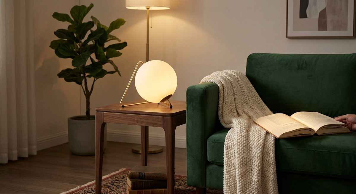 A perfectly proportioned Guocio table lamp placed next to a sofa, demonstrating ideal living room lighting design.