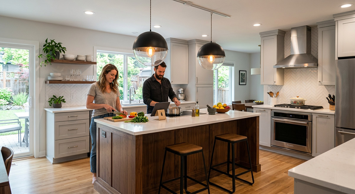 A shorter kitchen island featuring two oversized pendant lamps for a modern home lighting design.