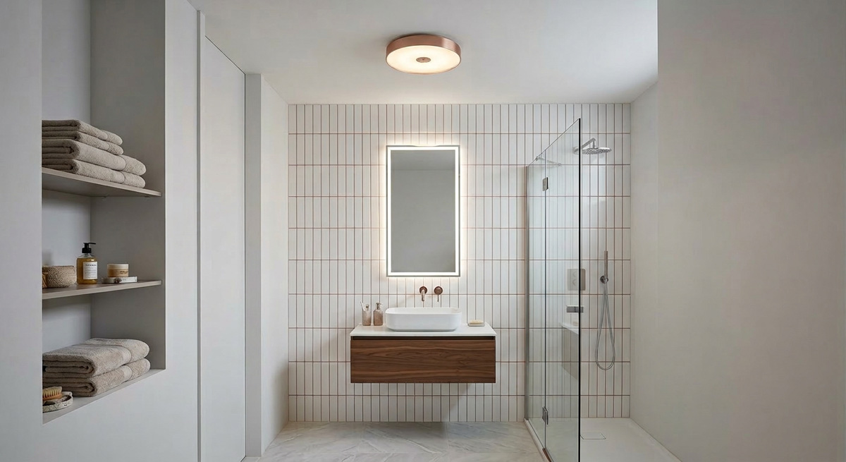 A sleek Guocio Ceiling Lamp installed in a small bathroom to maximize vertical space.