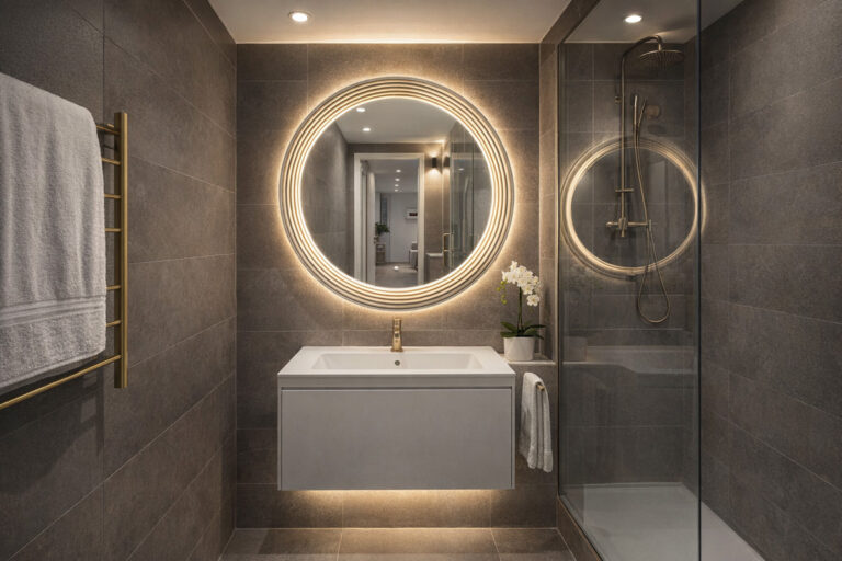 A small bathroom visually expanded using clever bathroom lighting design and a large Guocio Art Mirror.