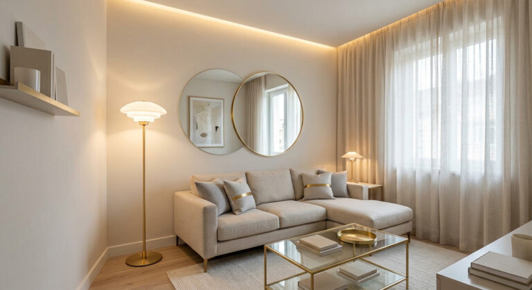 A small living room made to look bigger through strategic living room lighting design and a corner floor lamp.