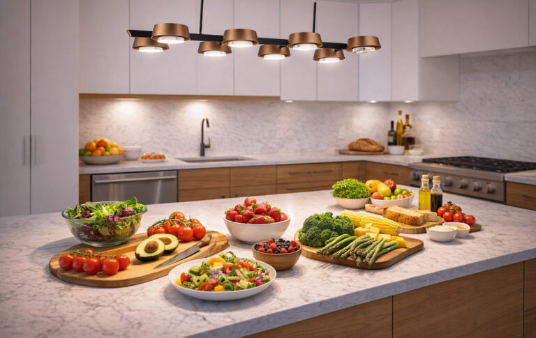 A vibrant kitchen illuminated by high CRI Guocio pendant lamps, showing fresh, colorful food.