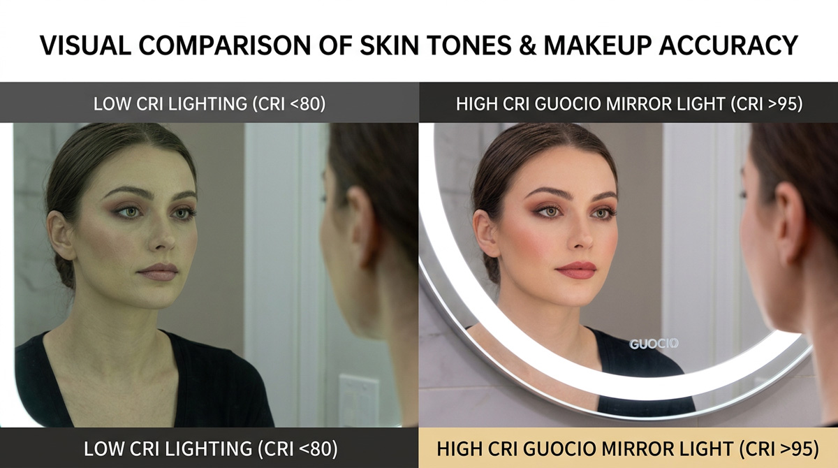 A visual comparison of skin tones and makeup under low CRI lighting versus a high CRI Guocio mirror light.