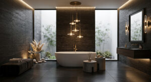 A waterproof Guocio Pendant Lamp suspended over a luxury bathtub, acting as a serene focal point.