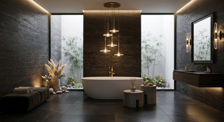 A waterproof Guocio Pendant Lamp suspended over a luxury bathtub, acting as a serene focal point.