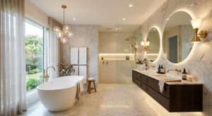 A well-illuminated luxury bathroom showcasing perfect bathroom lighting design with a Guocio mirror light.