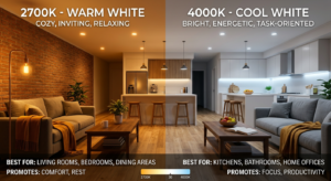 Comparison of 2700K warm light and 4000K cool light in a home lighting design setting.