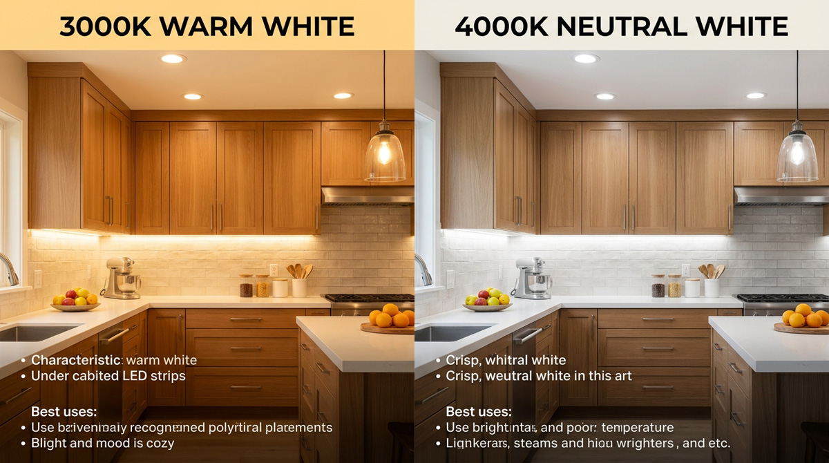 Comparison of 3000K warm white and 4000K neutral white in kitchen lighting design.