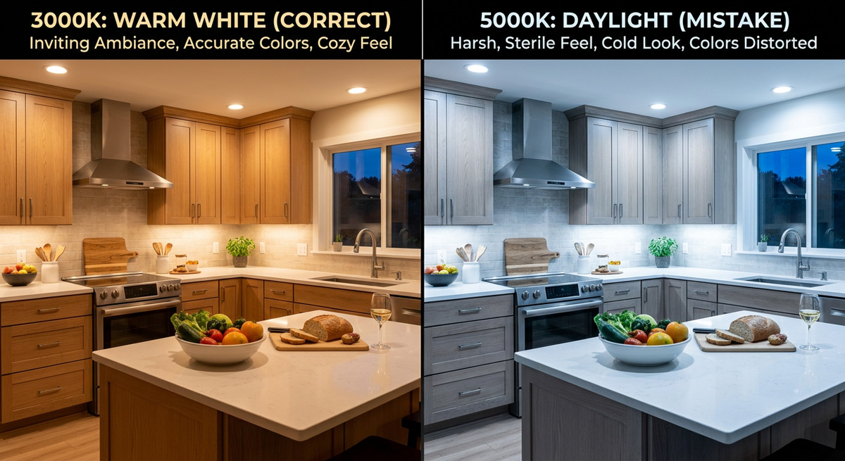 Comparison of correct 3000K lighting versus the mistake of using harsh 5000K lighting in a kitchen.