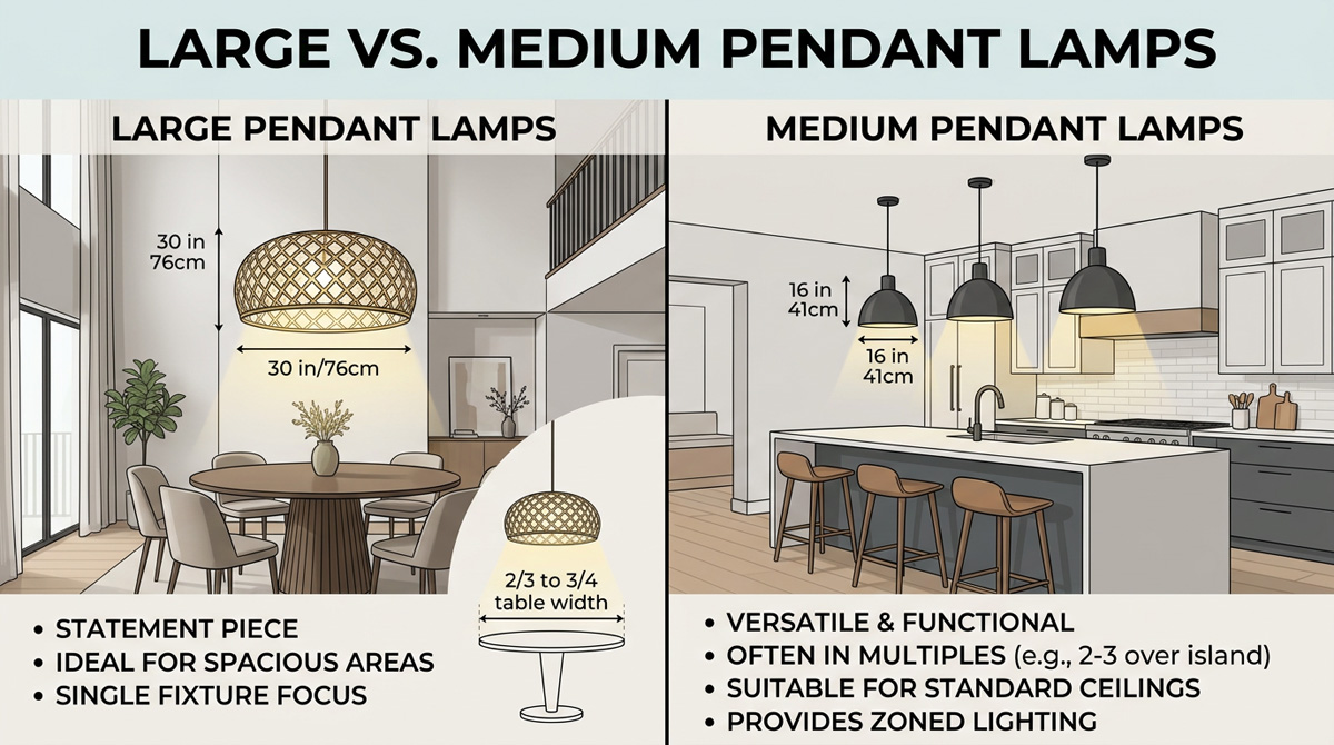 Comparison of large vs medium pendant lamps for home lighting design.