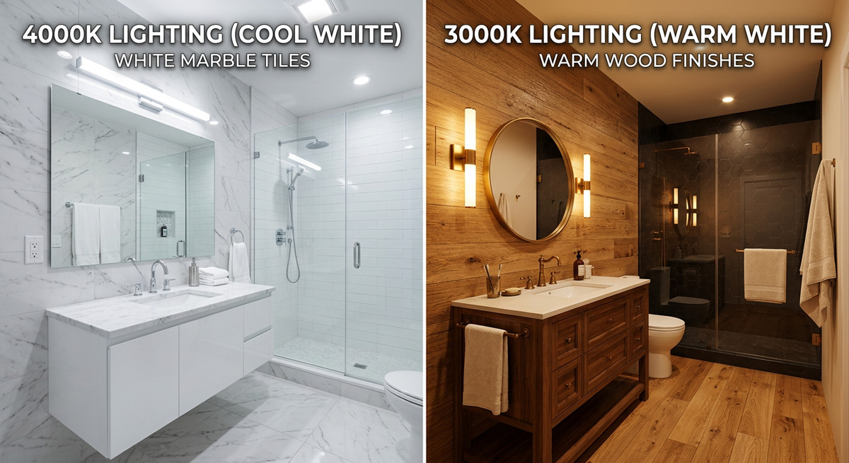 Comparison showing 4000K lighting with white marble tiles versus 3000K lighting with warm wood bathroom finishes。.